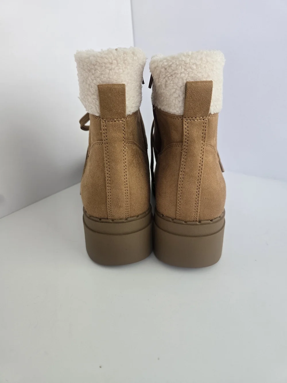 Life Stride Tan Suede Lace-Up Ankle Boots with Cream Sherpa Cuff